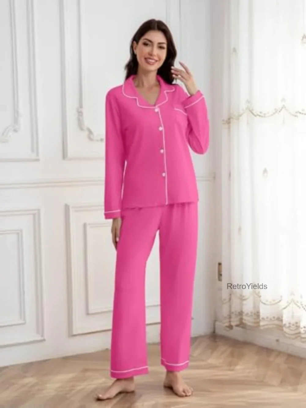 Kids Cotton Pajama Set Long Sleeve Button Down Top & Pants 2-Piece Sleepwear